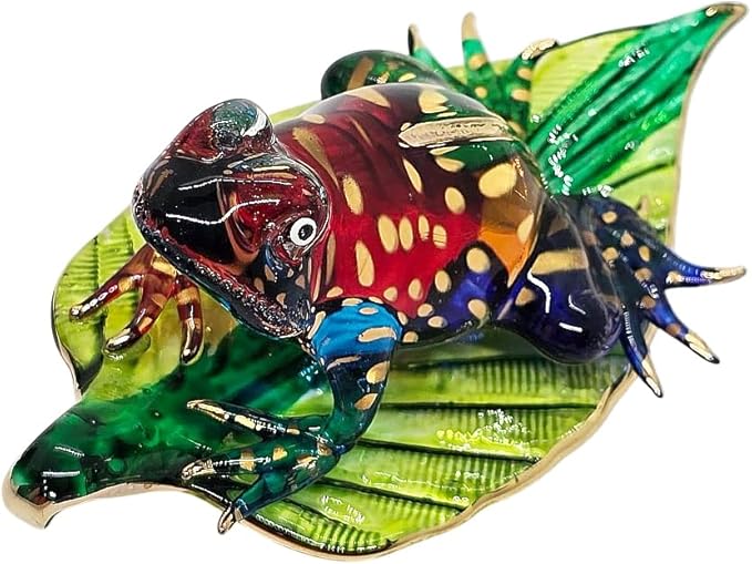 WitnyStore 3" Multicolor Gold Dot Frog on Leaf Artistic Blown Glass Figurine Premium Hand-Blown Statue Tabletop Decoration Unique Collectible for Adult Collectors Handcrafted Elegant Home Room Decor
