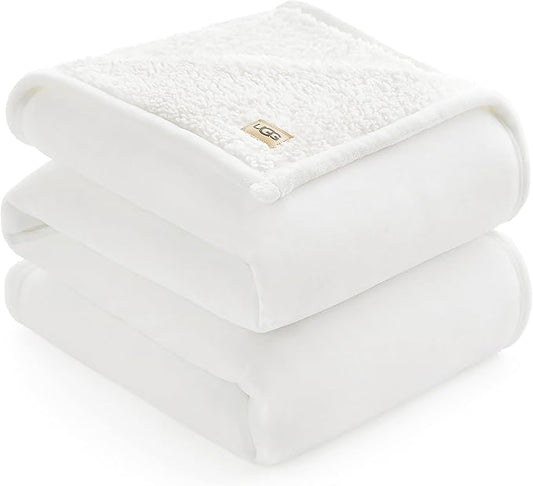 UGG Nita Full/Queen Blanket Fleece Fluffy Reversible Soft Fuzzy Bedding Cozy Plush Warm Oversized Blanket Machine Washable Bedroom Decor for Big Couch or Bed, 90-inch x 90-inch, White Snow