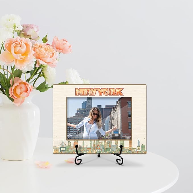 Lesixur New York Travel Photo Frame, Wedding Honeymoon Vacation Souvenir Gift for Family Couples Friends, 4x6 Wooden Picture Frame with Iron Stand for Tabletop Desktop Display, Home Table Decor -047