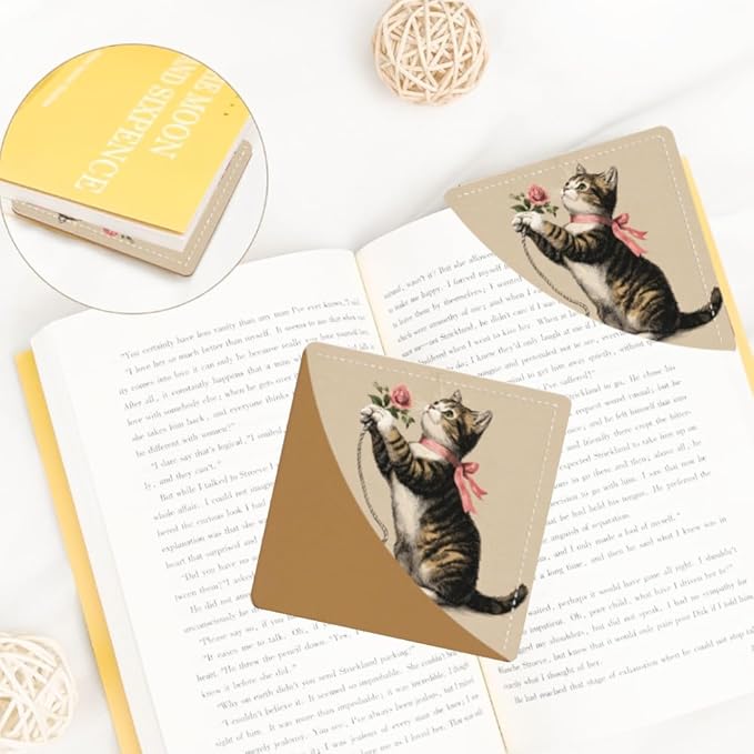 2PCS Leather Bookmarks 3.54 x 3.54 Inch Vintage Tabby Cat with Pink Rose Design Reading Accessories for Books Journals Bibles Travel Diary Students Teachers and Book Lovers Gift