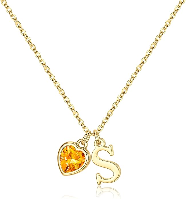 Turandoss Valentines Day Gifts for Her Trendy, Dainty 14K Gold Plated Initial A-Z Heart Birthstone Pendant Necklace Personalized Bridesmaid Birthday Valentines Jewelry Gifts for Women Girls