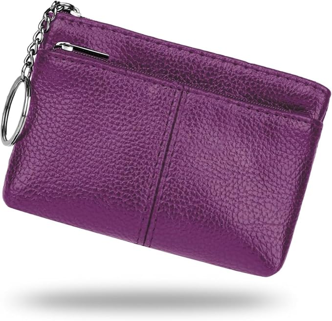 Genuine Leather Wallet Double Zipper Coin Purse Keychain Lychee Mini Change Pocket for Women (Purple)