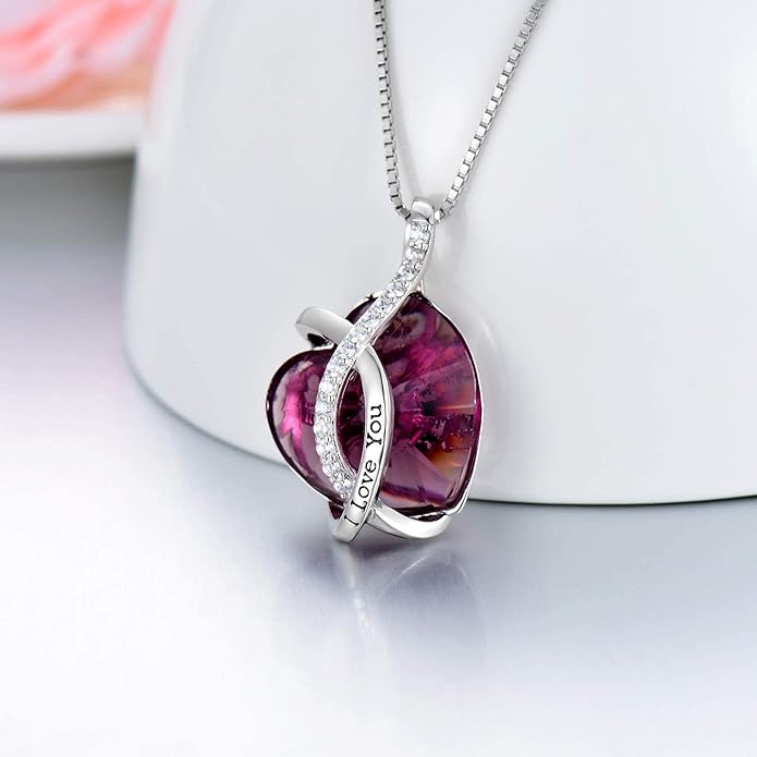 AOBOCO I Love You Sterling Silver 12 Birthstone Heart Pendant Necklace Embellished with Crystals from Austria, Mother's Day Anniversary Birthday Jewelry Christmas Gifts for Women Grandma Nana