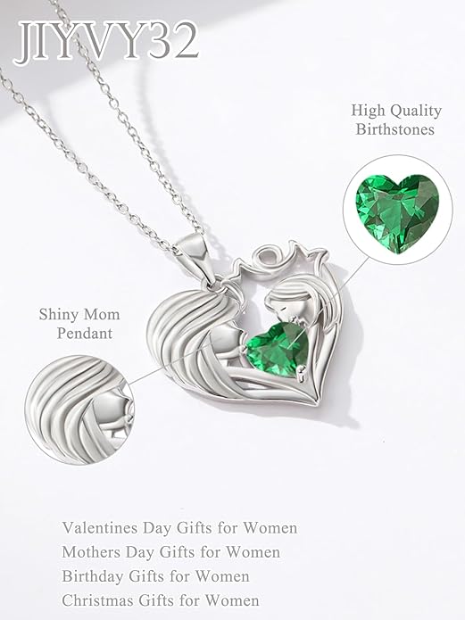 Mother and Daughter/Son Love Heart Necklace White Gold/14K Gold/Rose Gold Birthstone Jewelry Christmas Mothers Day Birthday Gifts For Mom Wife Grandma Women