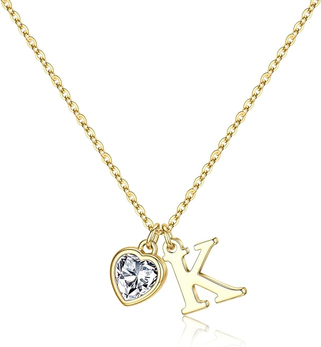 Turandoss Valentines Day Gifts for Her Trendy, Dainty 14K Gold Plated Initial A-Z Heart Birthstone Pendant Necklace Personalized Bridesmaid Birthday Valentines Jewelry Gifts for Women Girls