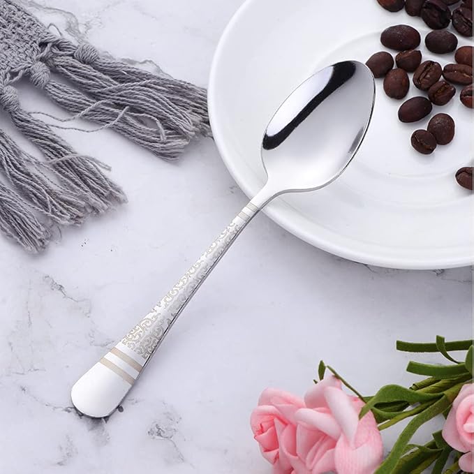 Silver Unique Pattern Design Coffee Espresso Spoons Mini, Mingcheng Stainless Steel Small Teaspoons Silverware Set of 12, BISDARUN 5.5 Inches Food Spoons for Demitasse Dessert Tea
