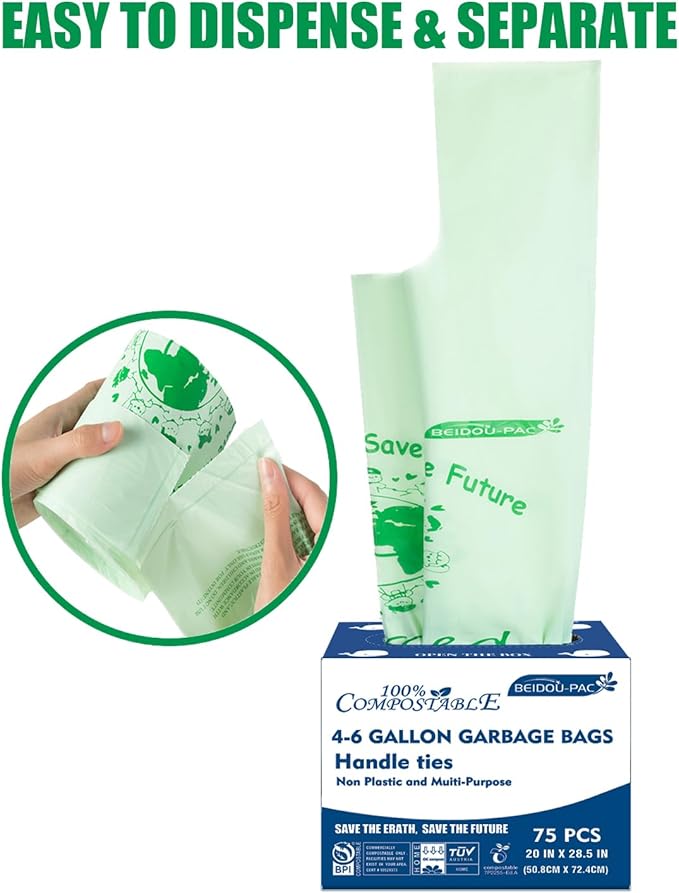 BEIDOU-PAC 4-6 Gallon Compostable Trash Bags, 150 Count - Kitchen Trash Bags with Handle, Sturdy Biodegradable Garbage Bags for Food Scrap Waste, ASTM D6400, US BPI Certified