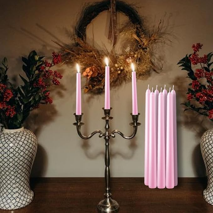 Set of 14 Pink Taper Candles, 7-8 Hours Burn Time, Unscented, Smokeless and Dripless, 4/5 x 10 Inch Dinner Candle Set for Valentine's Day,Household, Wedding, Party and Home Décor Candlesticks