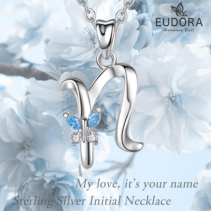 EUDORA Sterling Silver Butterfly Initial Necklaces for Women, Elegant Letter Neckles Personalized Gift for Mother, Sister, Daughter, 18 inch Chai