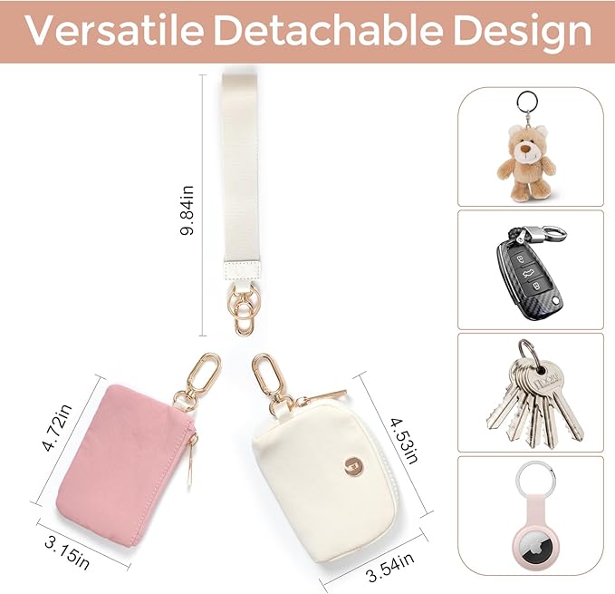 Dual Pouch Wristlet Keychain Wallets for Women with 2 Detachable Zipper Coin Purse - Small and Portable Mini Card Wallet for Women Men Gold Hardware Pink+Ivory