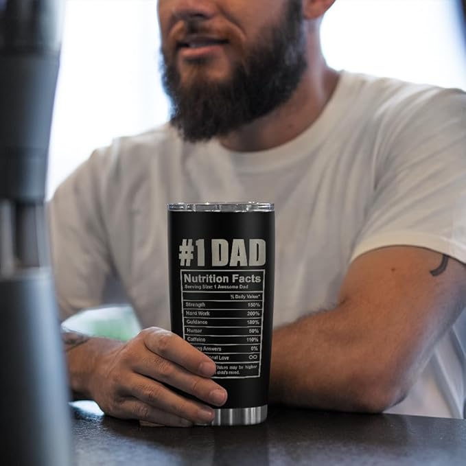 SANDJEST Best Dad Ever Tumbler with Lid - Dad Nutrition Facts 20oz Insulated Stainless Steel Mug - Coffee Mug for Travel Outdoor Sport Office, Gift for Father’s Day Birthday
