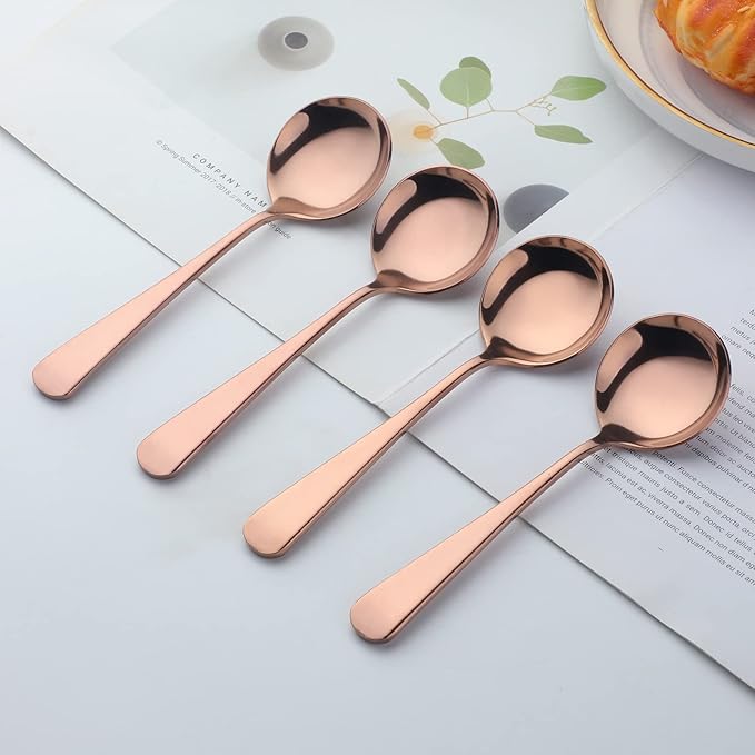 Buyer Star 8 Pieces Stainless Steel Round Soup Spoon, 6.6 Inch Mirror Polished Spoon Cutlery, Dishwasher Safe (Rose Gold)
