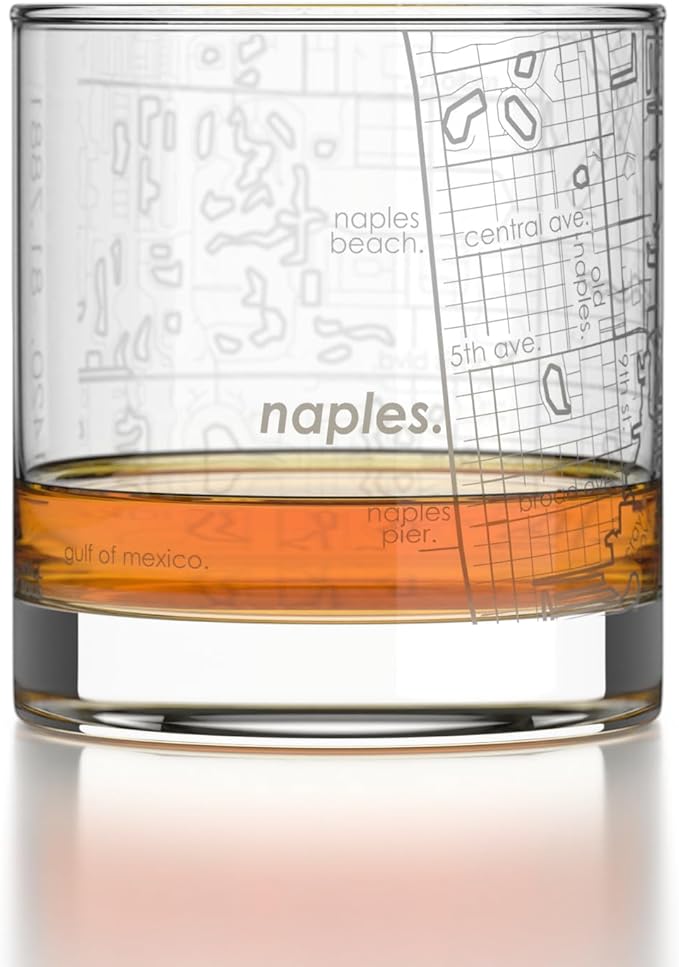 Well Told Engraved Naples Florida Map Rocks Glass, Old Fashioned Glassware (11 oz, Clear) Etched Bourbon Tumbler, Gifts For Whiskey Lovers