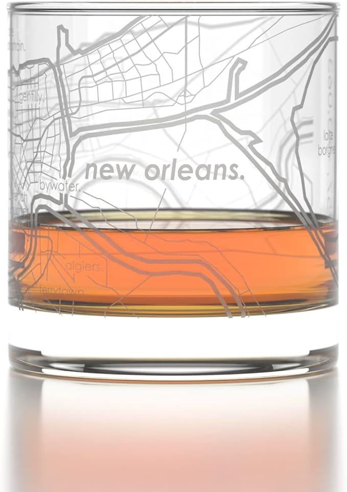 Well Told Engraved New Orleans Louisiana Map Rocks Glass, Old Fashioned Whiskey Glass (11 oz, Clear) Etched Whiskey Glass, Gifts For Whiskey Lovers