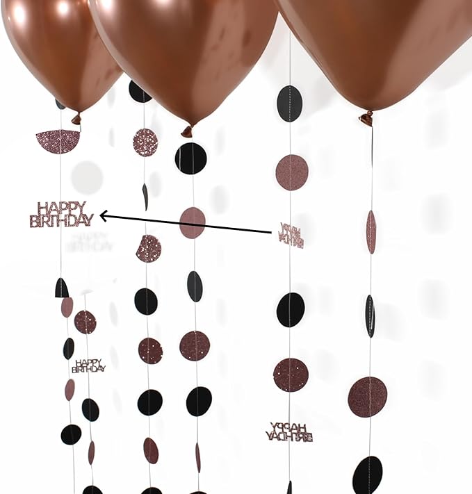 Rose Gold and Black Happy Birthday Decorations, 6PCS Glittery Circle Dots Garland and 6PCS Rose Gold/Black Balloons for Birthday Party Decor Balloon Tails