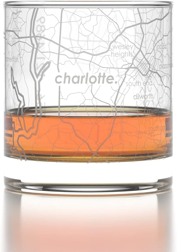 Well Told Engraved Charlotte North Carolina Map Rocks Glass, Old Fashioned Whiskey Glass (11 oz, Clear) Etched Whiskey Glass, Gifts For Whiskey Lovers