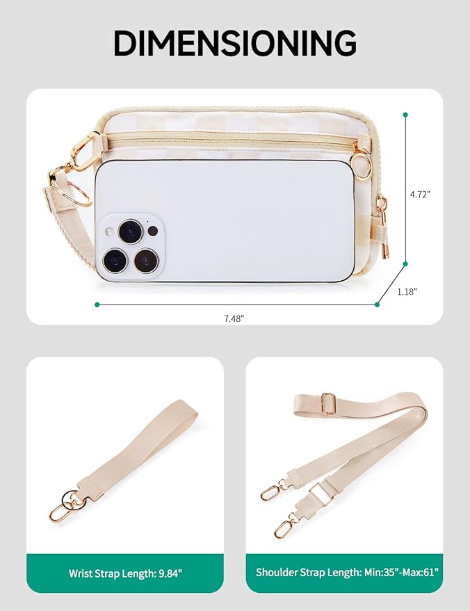Checkered Wristlet Wallets for Women RFID Blocking Small Zipper Nylon Crossbody Bag for Travel Card Phone Organizer Purse with ID Window and 2 Detachable Straps Beige Checkered