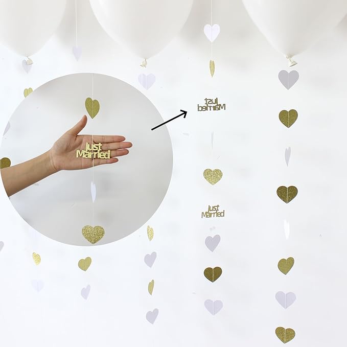 Gold Just Married Wedding Party Decorations Gold/White Heart Just Married Garland and Balloons for Wedding Bridal Shower Party