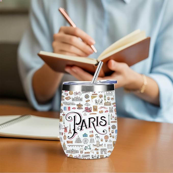 France Paris Travel Souvenir Wine Tumbler 12 oz Insulated Wine Glass Cup with Lid Straw Vacuum Insulated Travel Cup,Travel Weekender Gifts for Women Men Bestie Sister Girl Camping Christmas Birthday