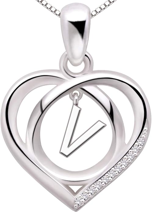 ALOV Jewelry Sterling Silver Initial Letter Alphabet Love Heart Cubic Zirconia Pendant Necklace