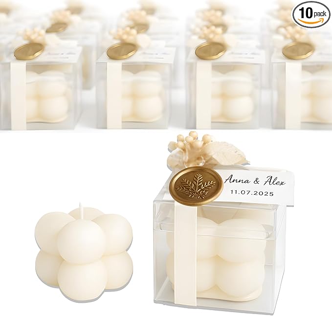 Personalized Bubble Candle Favors with Dried Flowers & Wax Seal – Soy Wax Wedding & Bridal, Baby Shower Bulk Event Gifts (10–200 pcs)