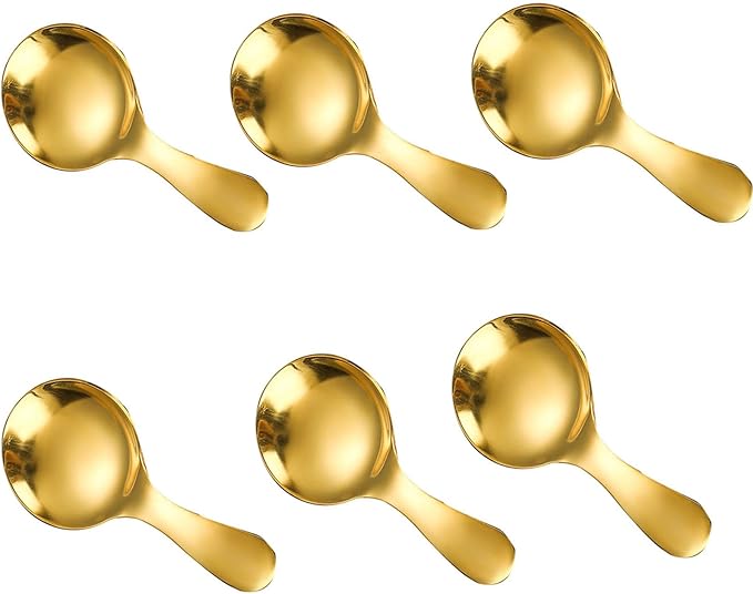 6 Pcs Stainless Steel Mini Spoon Short Handle Small Round Suitable For Dessert, Tea, Coffee, Cake, Sugar, Ice Cream Coffee Tea Spoon. (Yellow A)