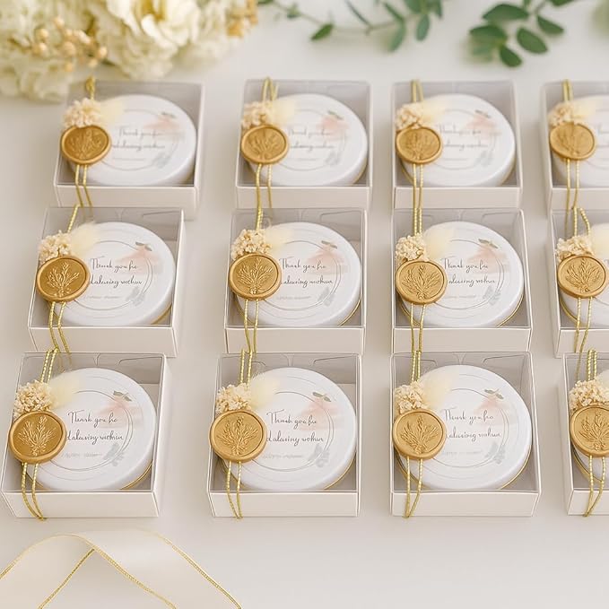 Wedding Candle Favor Set with Gift Box – Personalized Soy Wax Candles with Gold Seal & Gold String, Dried Flowers