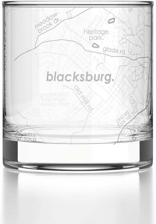 Well Told Engraved Blacksburg Virginia Map Rocks Glass, Old Fashioned Glassware (11 oz, Clear) Etched Bourbon Tumbler, Gifts For Whiskey Lovers