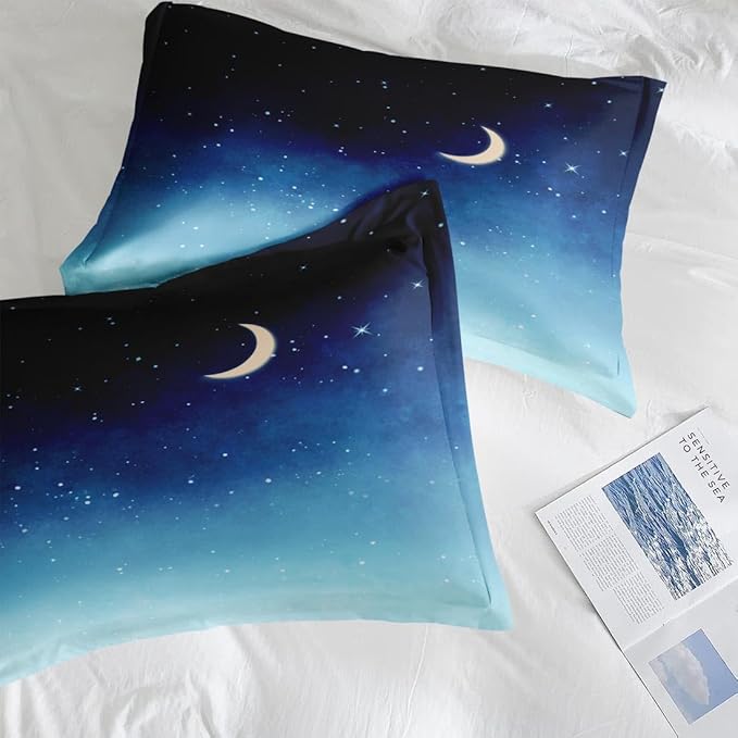 Comforter Set Twin Size, Blue Starry Sky 5 Pcs Bedding for Kids and Adults, Landscape Night Moon Bed Sheet Sets with Fitted Sheet Pillowcase & Sham for Bedroom Bed Decor
