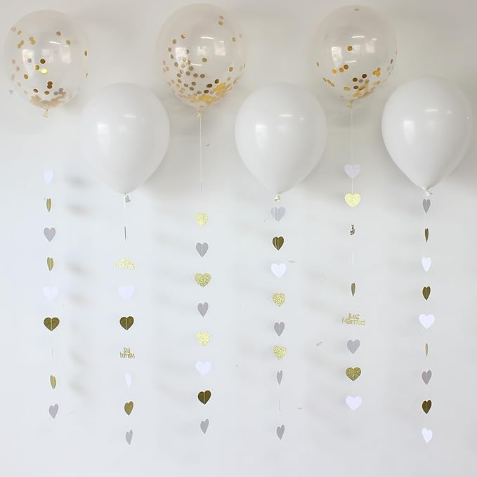 Gold Just Married Wedding Party Decorations Gold/White Heart Just Married Garland and Balloons for Wedding Bridal Shower Party