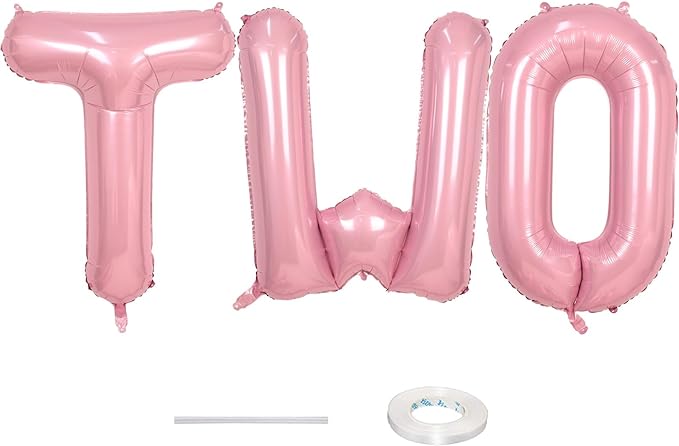 40 Inch Pastel Pink TWO Letter Balloons, Light Pink TWO Balloon Letters with Ribbon, Pearl Pink Alphabet TWO Balloon for Kid Girls 2 Year Old Birthday Second 2nd Anniversary Party Decorations