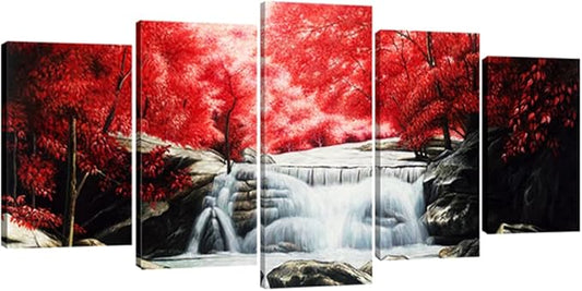Wieco Art Red Forest Waterfalls 5 Piece Canvas Prints Wall Art for Living Bedroom Room Home Decorations Modern Gallery Wrapped Giclee Grace Landscape Tree Oil Paintings Reproduction Pictures
