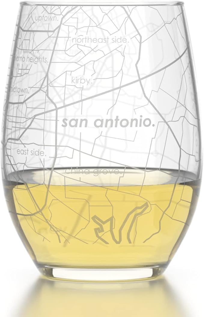 Well Told Engraved San Antonio Texas Glass, Etched City Map Stemless Wine Glass (15 oz, Clear) - Custom Gift for Wine Lovers
