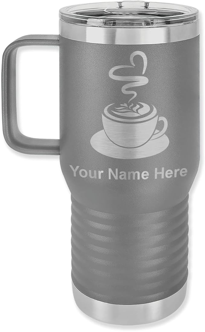 LaserGram 20oz Vacuum Insulated Travel Mug with Handle, Cup of Coffee, Personalized Engraving Included (Gray)