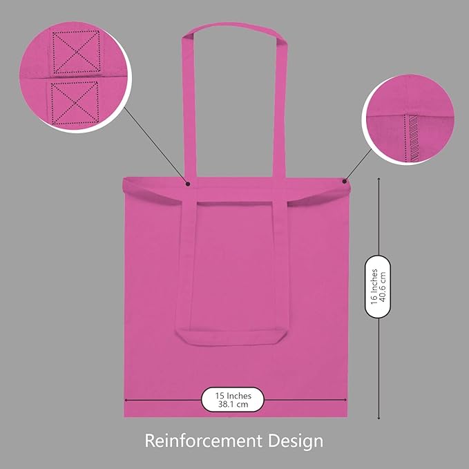 TOPDesign 12-Pack Economical 16"x15" Pink Cotton Tote Bag, Lightweight Medium Reusable Grocery Shopping Cloth Bags, Suitable for DIY, Advertising, Promotion, Gift, Activity