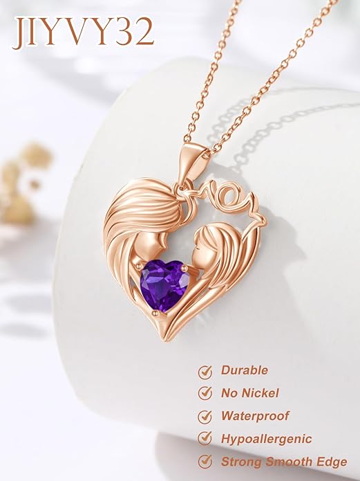 Mother and Daughter/Son Love Heart Necklace White Gold/14K Gold/Rose Gold Birthstone Jewelry Christmas Mothers Day Birthday Gifts For Mom Wife Grandma Women