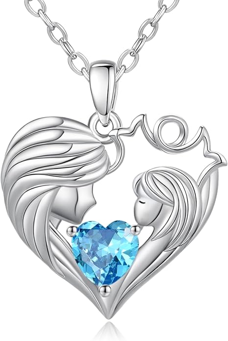 Mother and Daughter/Son Love Heart Necklace White Gold/14K Gold/Rose Gold Birthstone Jewelry Christmas Mothers Day Birthday Gifts For Mom Wife Grandma Women
