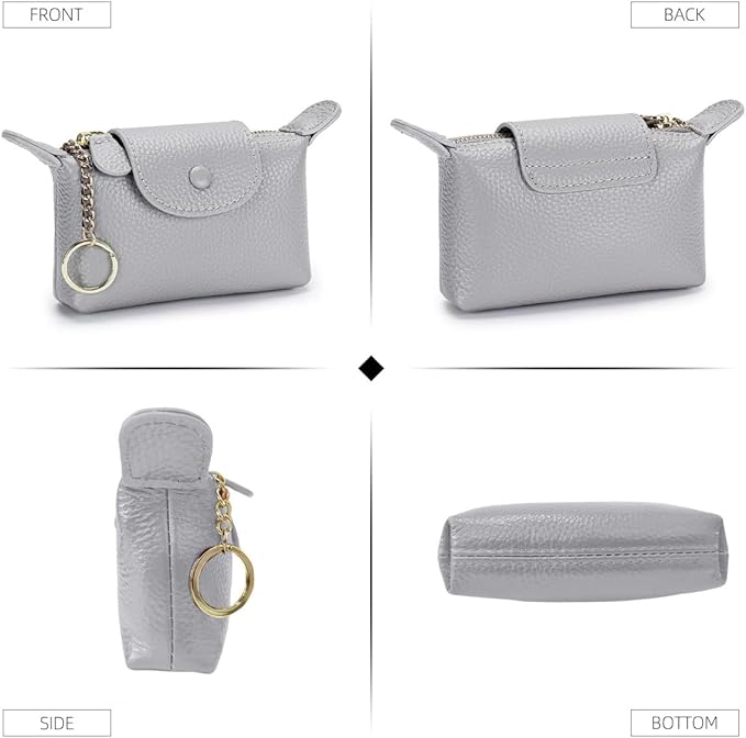 Genuine Leather Wallet Zipper Coin Purse Key Ring Card Organizer Compact Storage for Women (Grey)