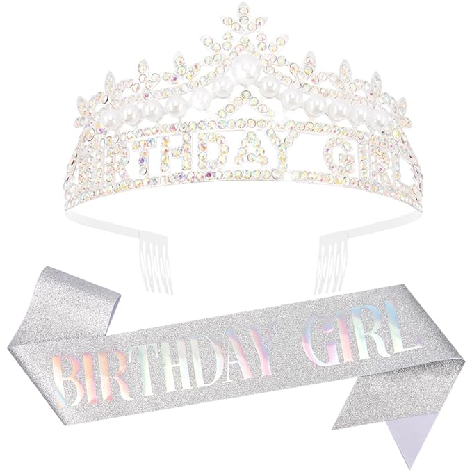 Sliver Birthday Girl Crown and Sash, Pearl Birthday Tiara,Sliver Birthdays Decorations Set, Princess Crown Tiara for Women and Girls