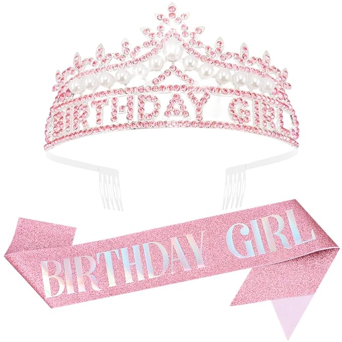 Pink Birthday Girl Crown and Sash, Pearl Birthdays tiara Pink Birthday Decorations Set, Princess Crown Tiara for Women and Girls