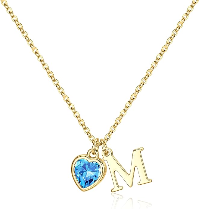 Turandoss Valentines Day Gifts for Her Trendy, Dainty 14K Gold Plated Initial A-Z Heart Birthstone Pendant Necklace Personalized Bridesmaid Birthday Valentines Jewelry Gifts for Women Girls