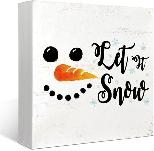 Mtrgdn Christmas Snowman Decor Sign,Winter Snowman Decorations Let's Snow Sign Wood Box Signs,Winter Christmas Signs for Home Bathroom Bedroom Kitchen Office Desk Table Shelf Wall Decor,5x5 Inch