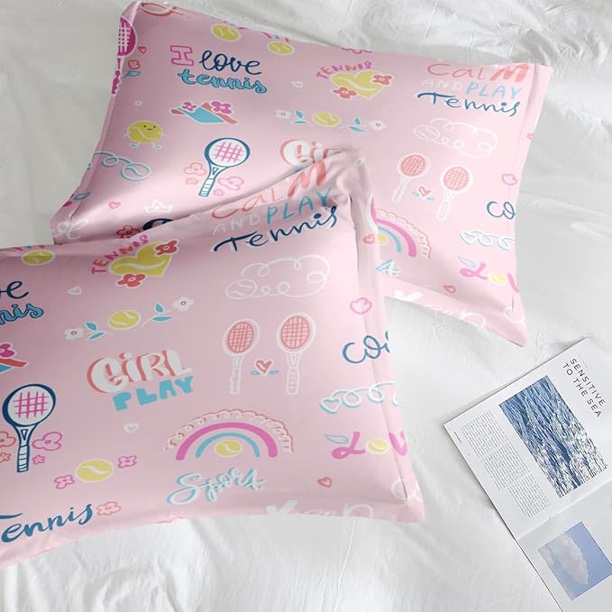 Comforter Set Twin Size, Cute Tennis Pink 5 Pcs Bedding for Kids and Adults, Rainbow Ball Flower Bed Sheet Sets with Fitted Sheet Pillowcase & Sham for Bedroom Bed Decor