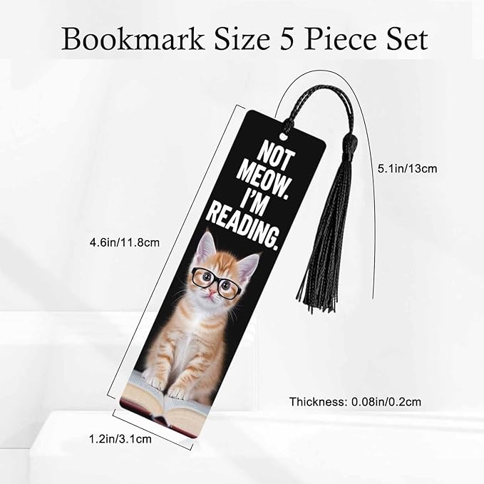 Funny Cat Bookmarks 5 Pcs Cute Animal in Glasses Black Wooden Bookmark with Tassels for Reading Book Lovers Gift Office School Readers Teacher