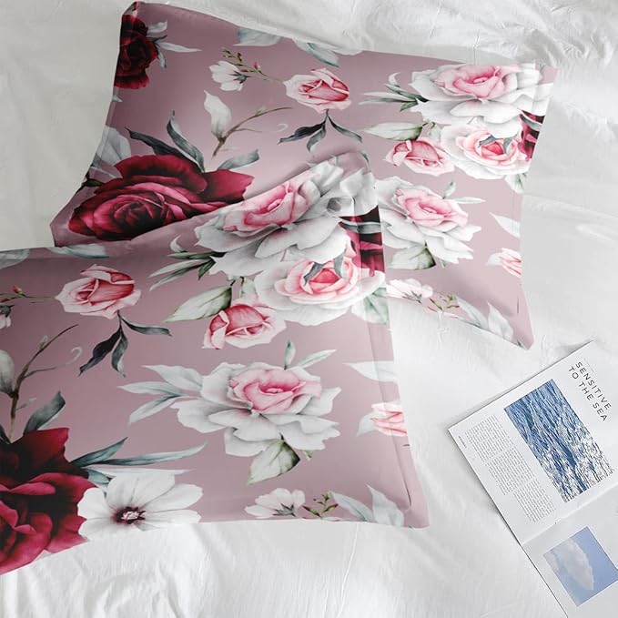 Comforter Set Full Size, Rose Leaves 7 Pcs Bedding for Kids and Adults, Painting Floral Vintage Bed Sheet Sets with Fitted Sheet 2 Pillowcases & 2 Shams for Bedroom Bed Decor