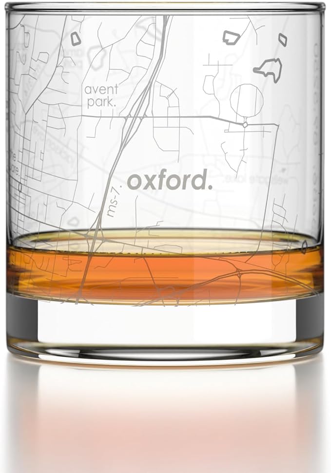 Well Told Engraved Oxford Mississippi Map Rocks Glass, Old Fashioned Glassware (11 oz, Clear) Etched Bourbon Tumbler, Gifts For Whiskey Lovers