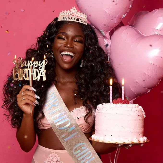 Rose Gold Birthday Girl Crown and Sash Pearl Birthday Tiara Rose Gold Birthday Decorations Set, Princess Crown Tiara for Women and Girls
