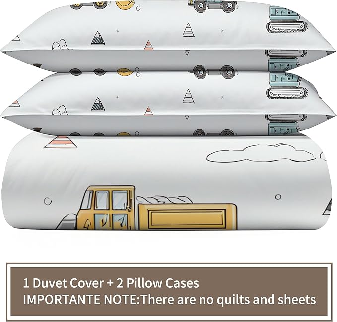 Excavator Bulldozer Duvet Cover Oversized King Cartoon Construction Vehicles Bedding Set Children's Cartoon Car Comforter Set Colorful Engineering Quilt Cover with Zipper Ties for Bedroom