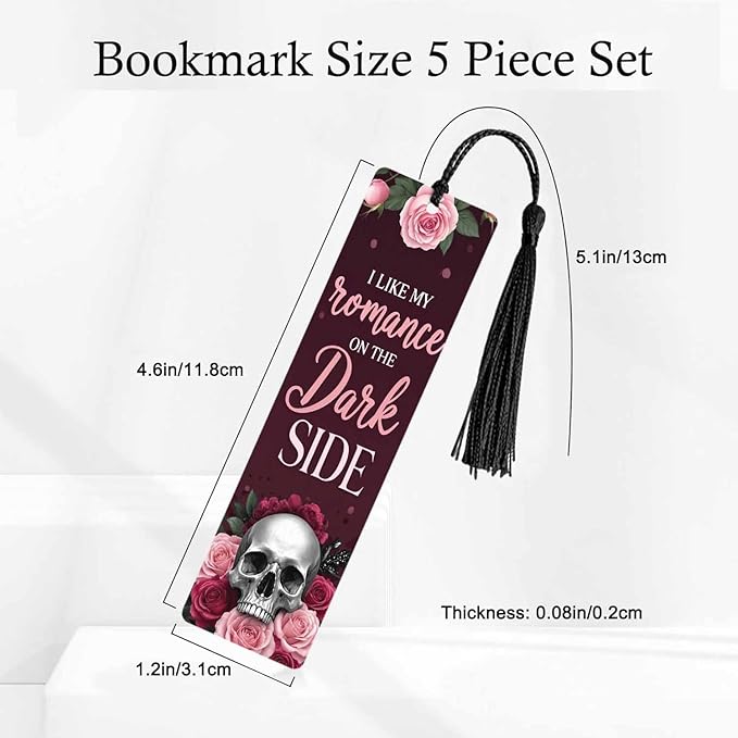 Romantic Skull Rose 5 Pcs Bookmarks Flower Halloween Valentine Dark Red Wooden Bookmarks with Tassel for Students Reader Teachers Book Lovers