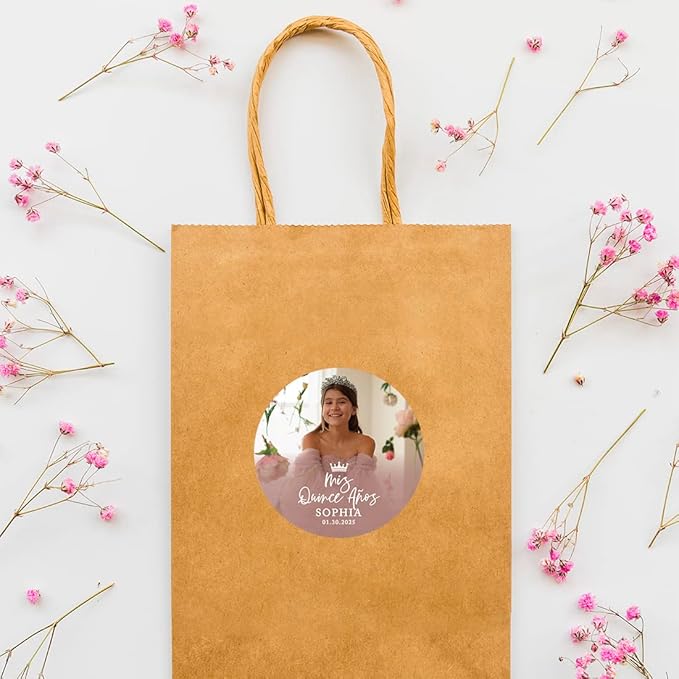Andaz Press 40-Pack Personalized 2" Round Circle Quinceañera Labels, Mis Quince Años Sticker Labels with Custom Photo for Quince Favors Invitations XV, 15th Birthday, Quinceanera Decorations